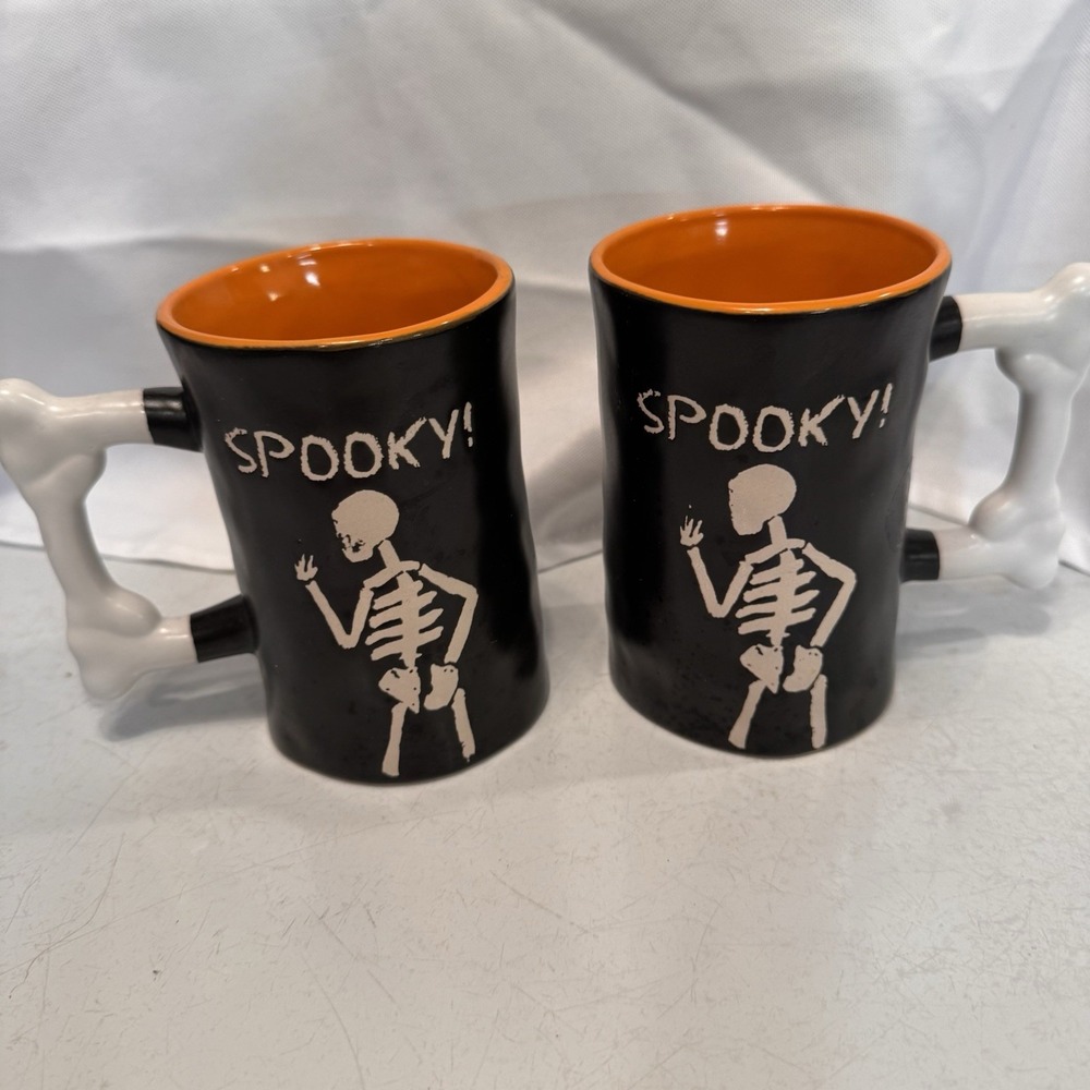 2 Halloween Skeleton Bone Handle Halloween Mugs Spectrum Designz Black & Orange‎